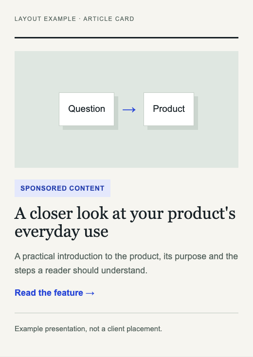Layout example of a sponsored content card, showing the commercial label, product illustration, headline and short description.