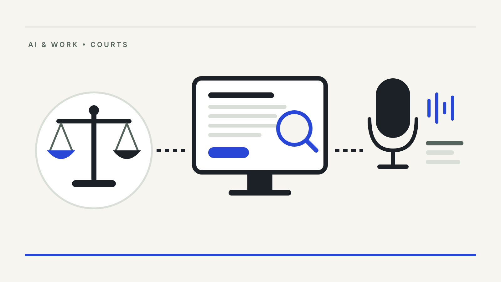 Illustration: scales of justice linked to a screen with a document and magnifying glass, and a microphone turning speech into lines of text