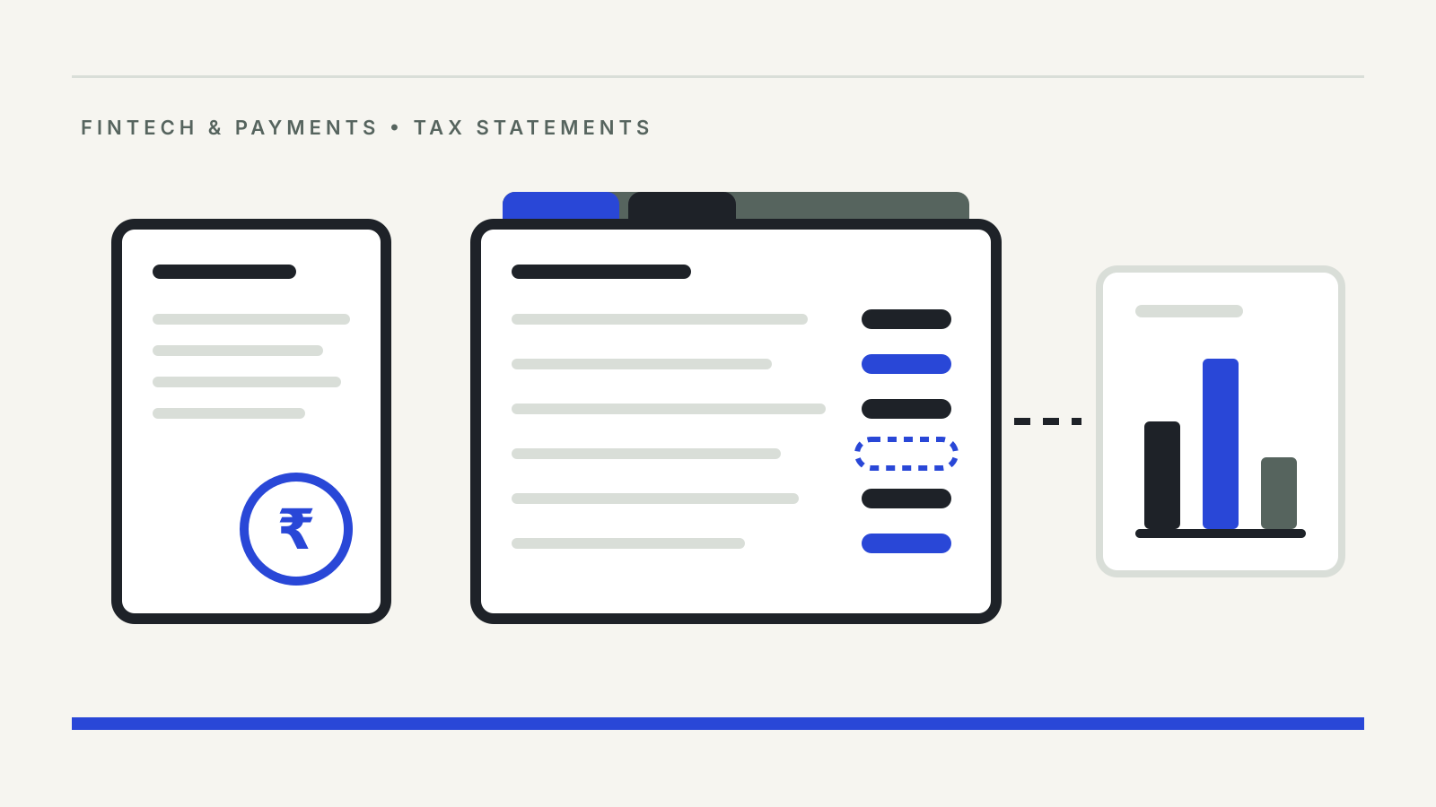 Illustration of a narrow tax-credit statement with a rupee mark beside a wider tabbed statement with one entry flagged, linked to a summary card of bar totals