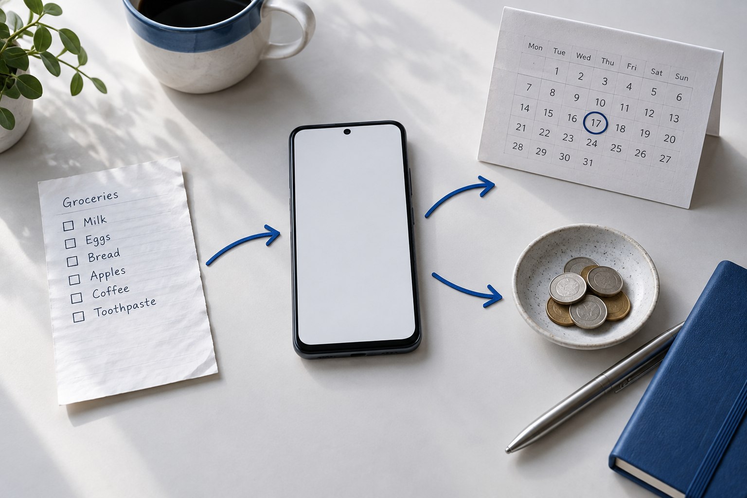 A phone between a shopping list, a calendar and a dish of coins.