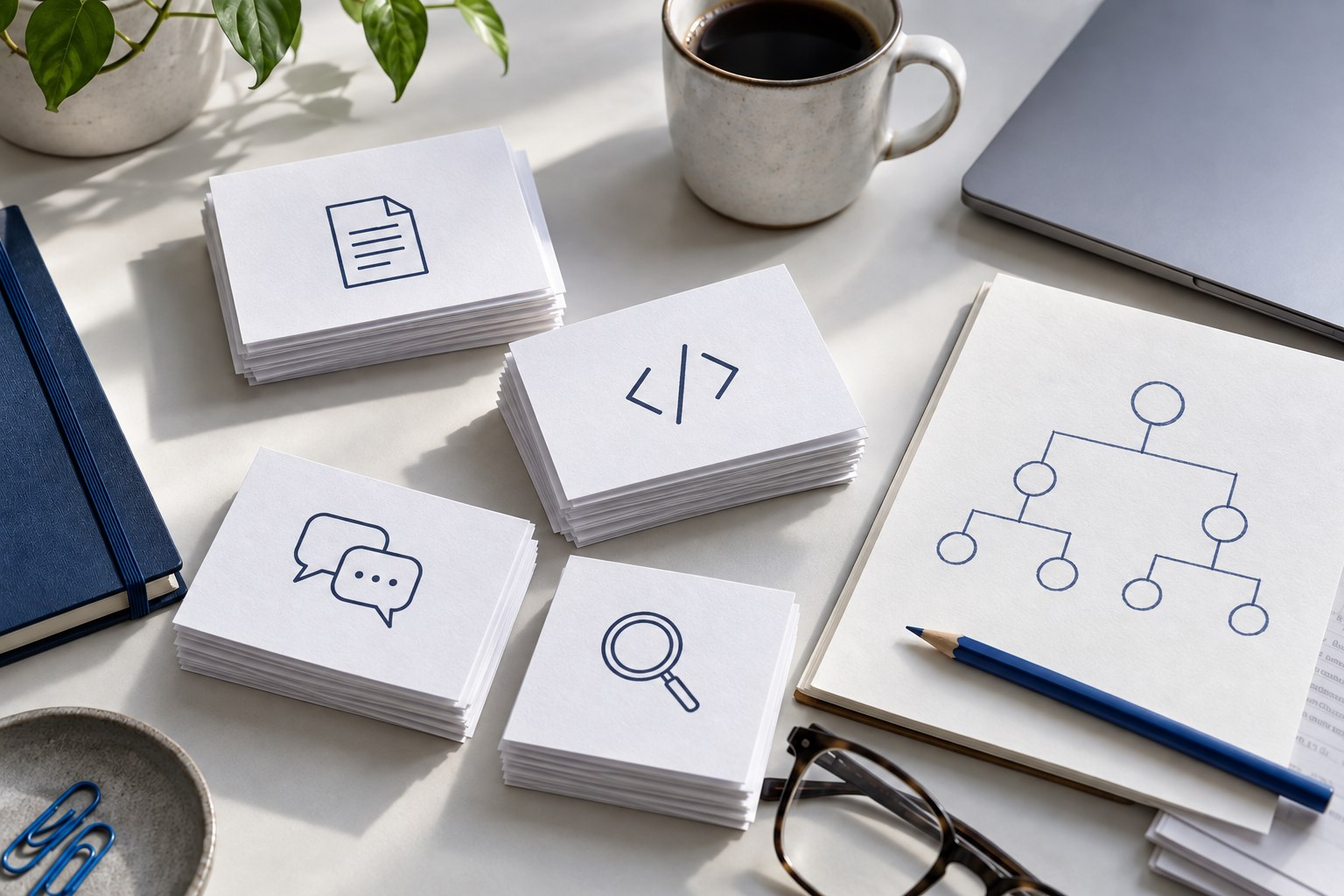 Stacks of cards with document, code and conversation symbols beside a classification sketch.