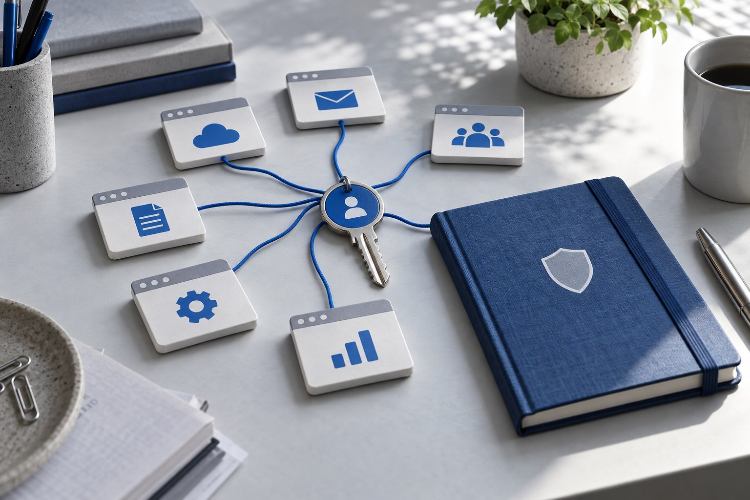 Browser tiles connected to an identity key and a policy book.