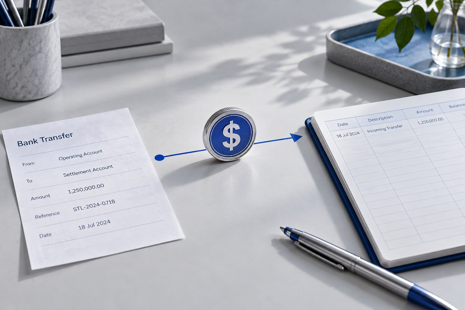 A bank transfer document connected to a dollar token and a settlement ledger.