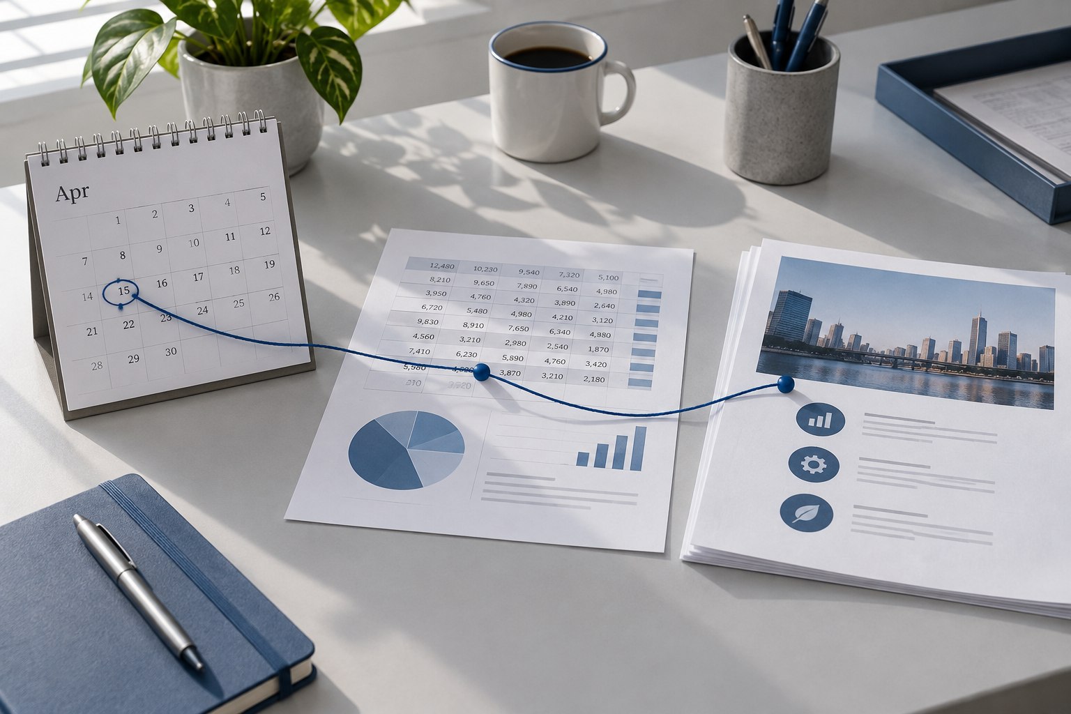 Calendar, spreadsheet and presentation pages connected across a desk.