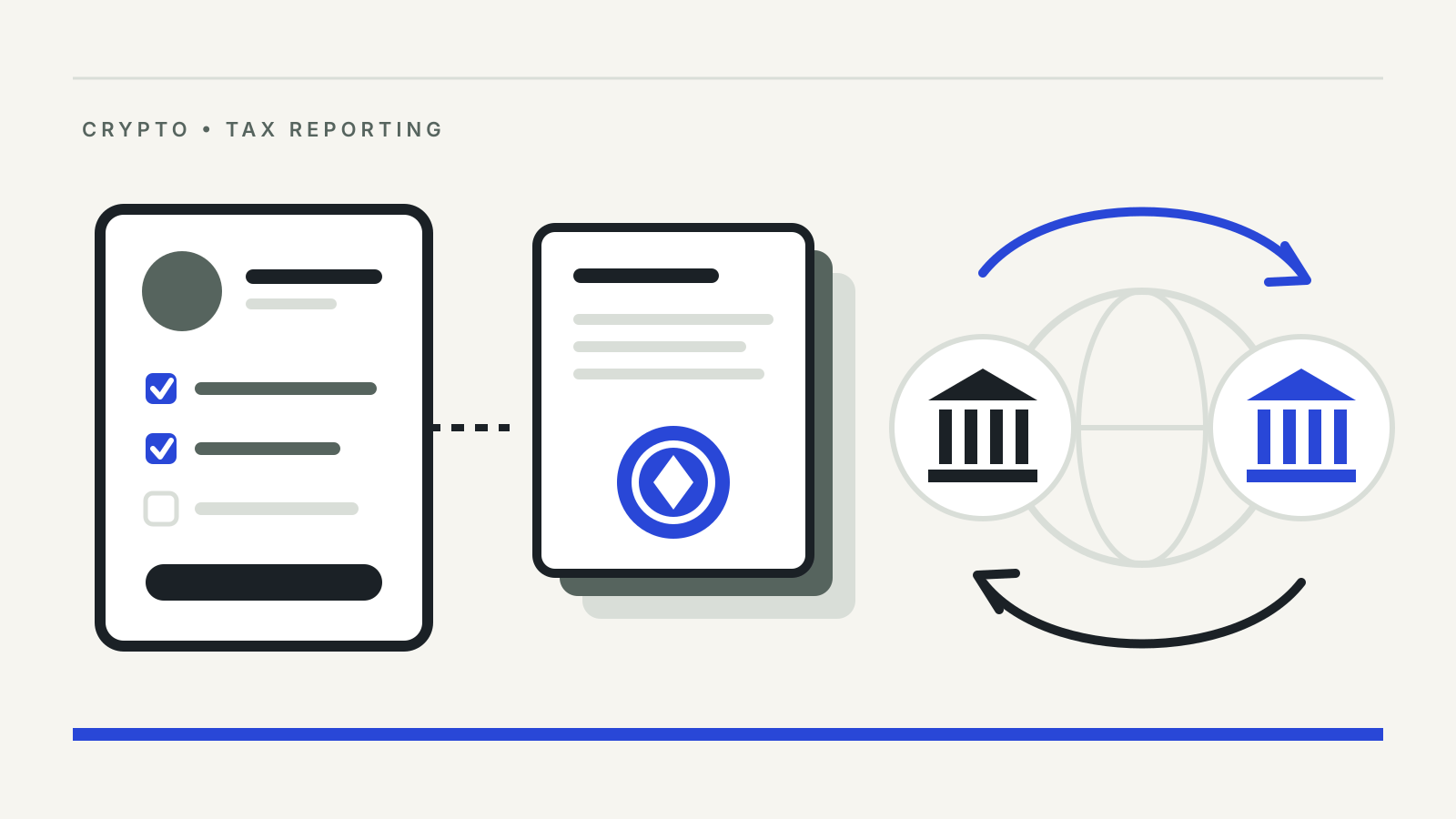 Illustration of a tax-residence self-certification form, a statement with a crypto token, and two tax offices exchanging information across a globe