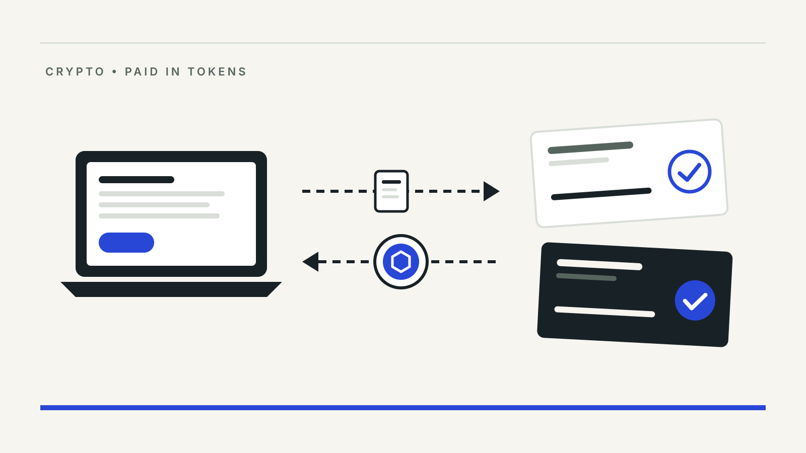 Drawing of a laptop exchanging a work document for a crypto token, with two tax slips ticked to show both sides may deduct TDS