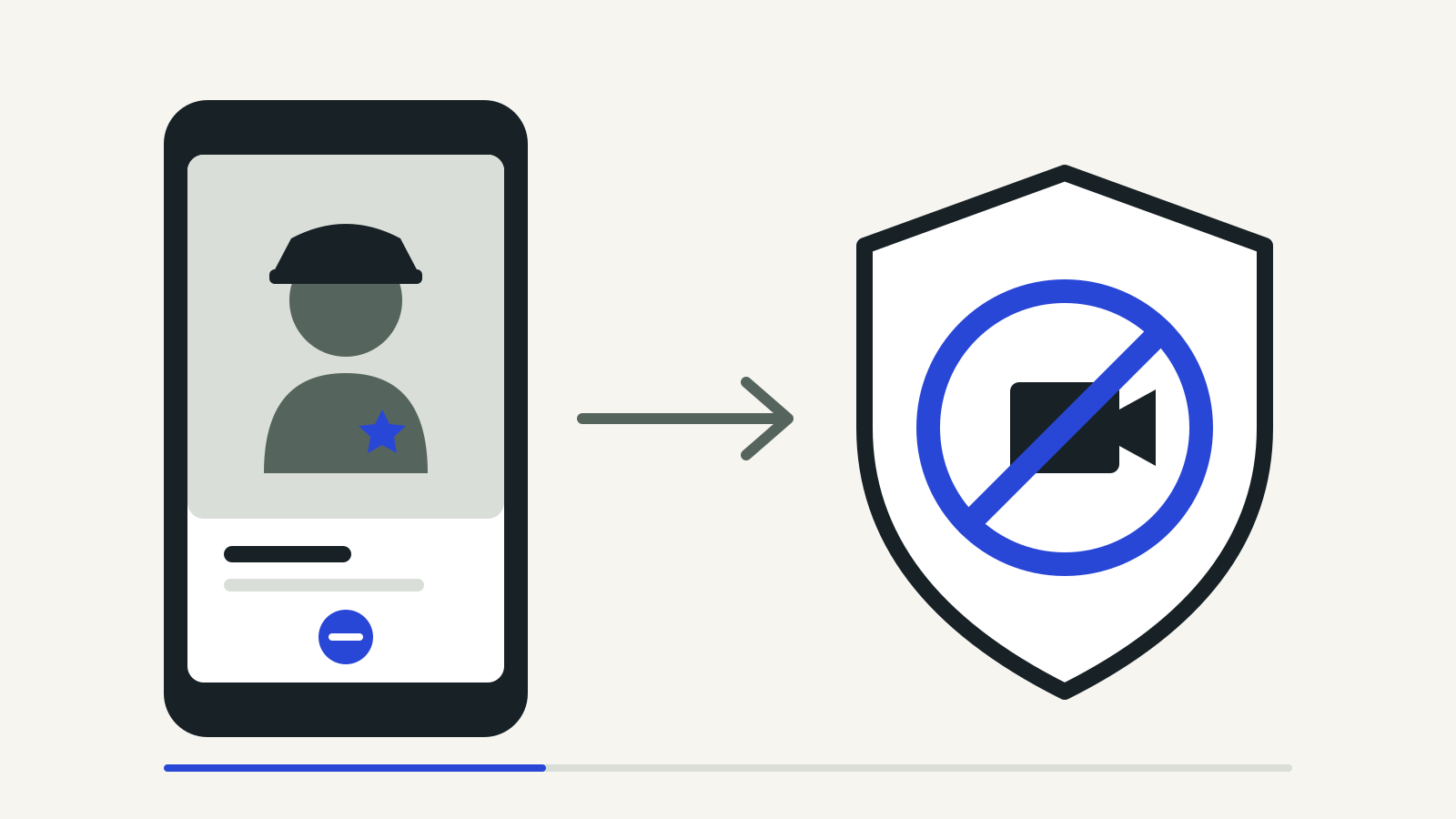 Illustration of a phone video call from a figure in a uniform cap, an arrow, and a shield with a crossed-out video camera