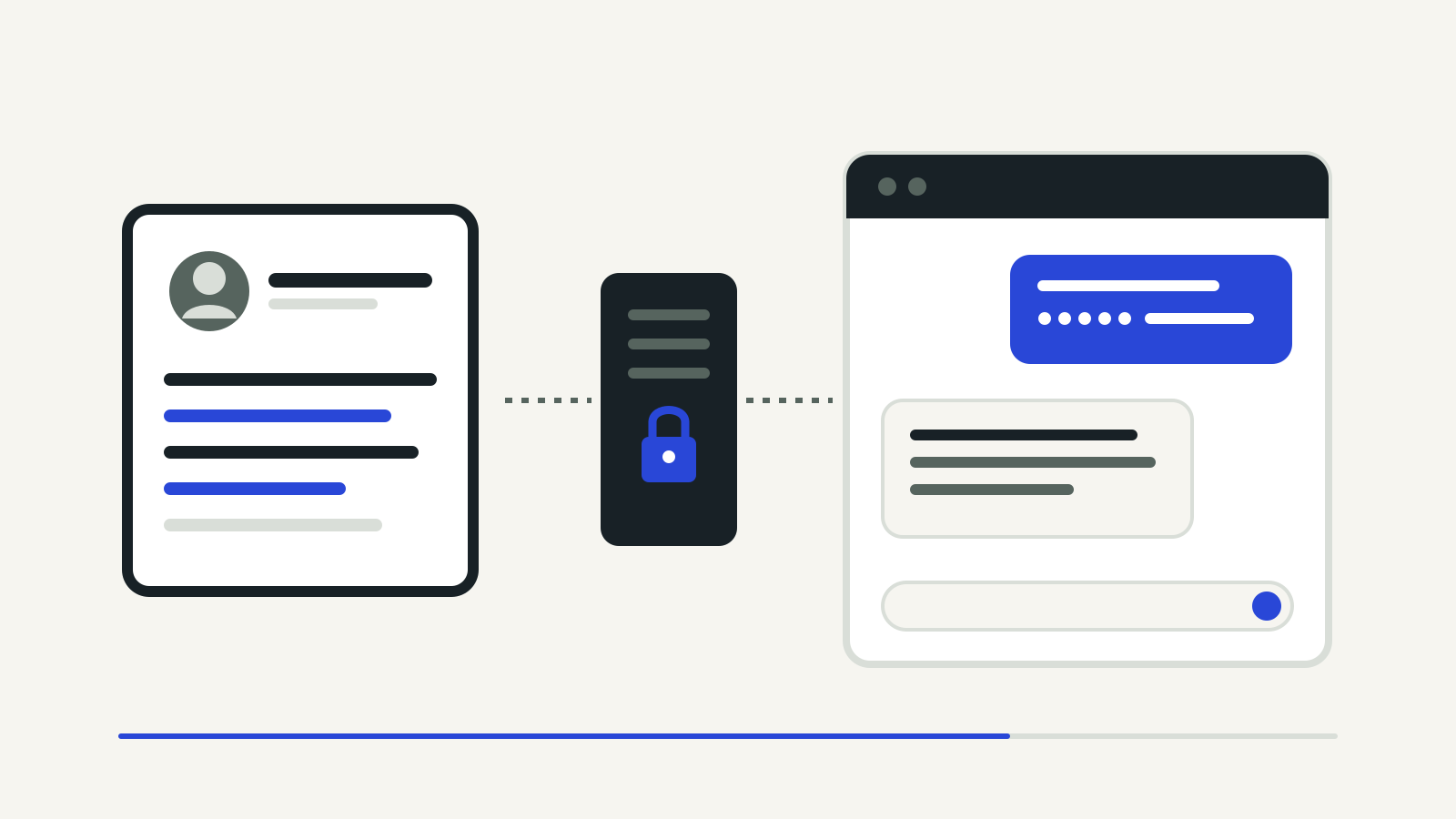 Illustration of an employee record passing through a locked filter into an AI chat window, where personal details appear masked as dots