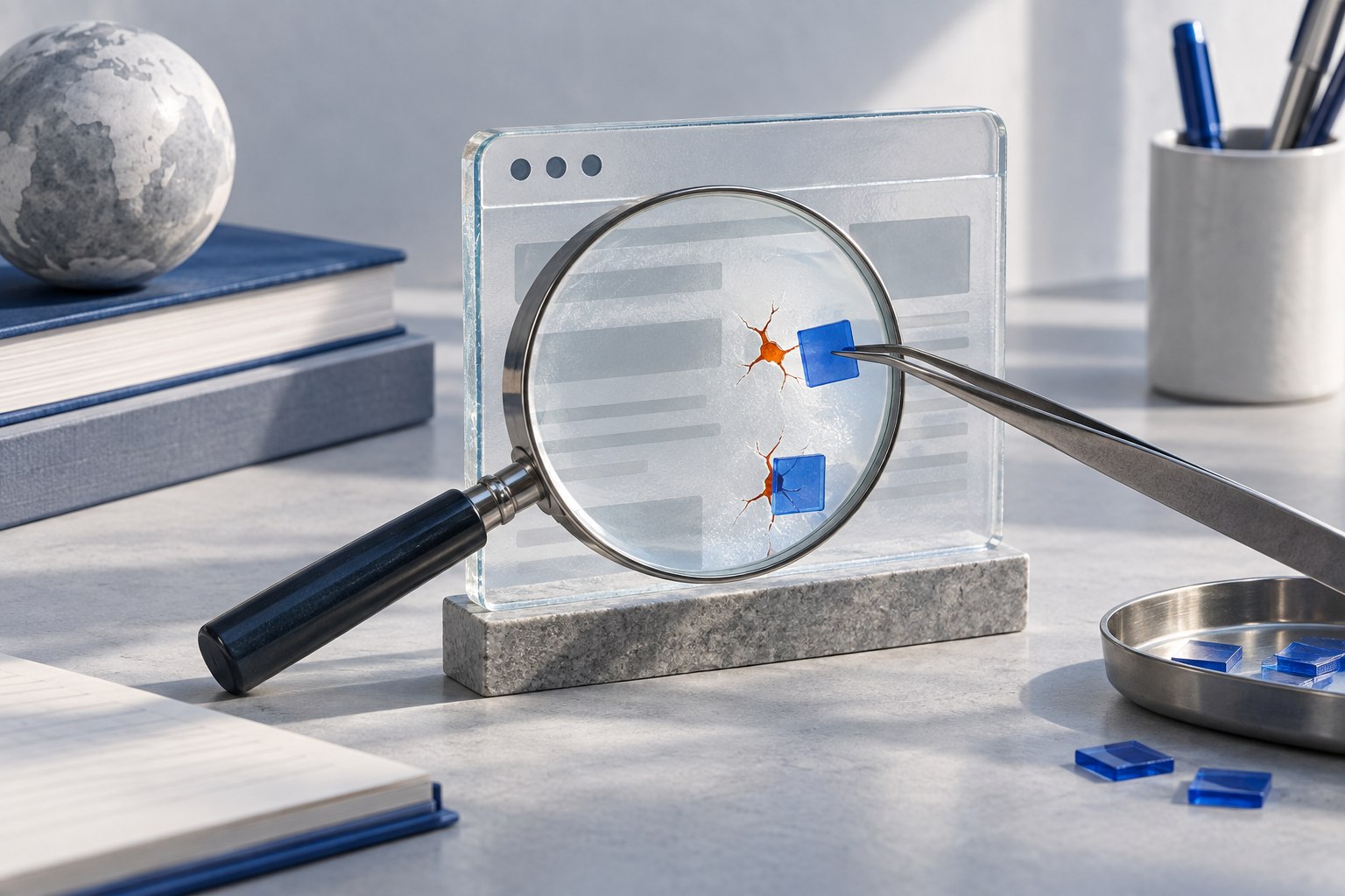 Magnifying glass examining small faults in a browser-shaped glass panel.