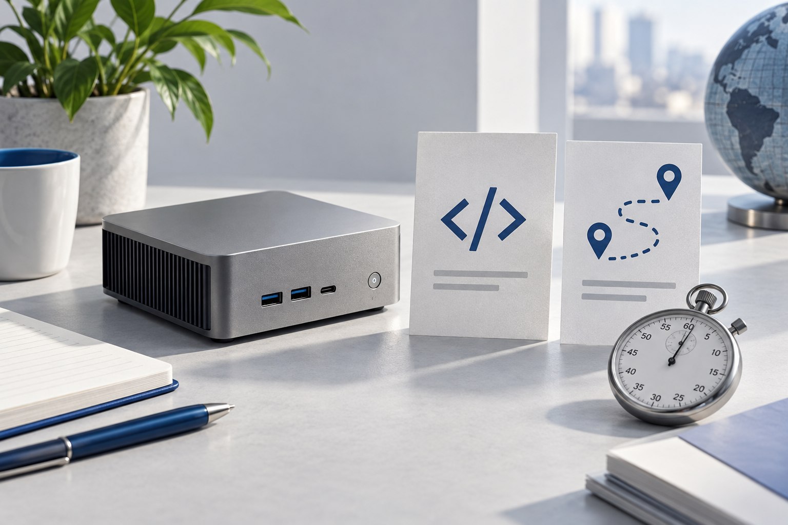 A computer module, a code symbol and a stopwatch on a desk.