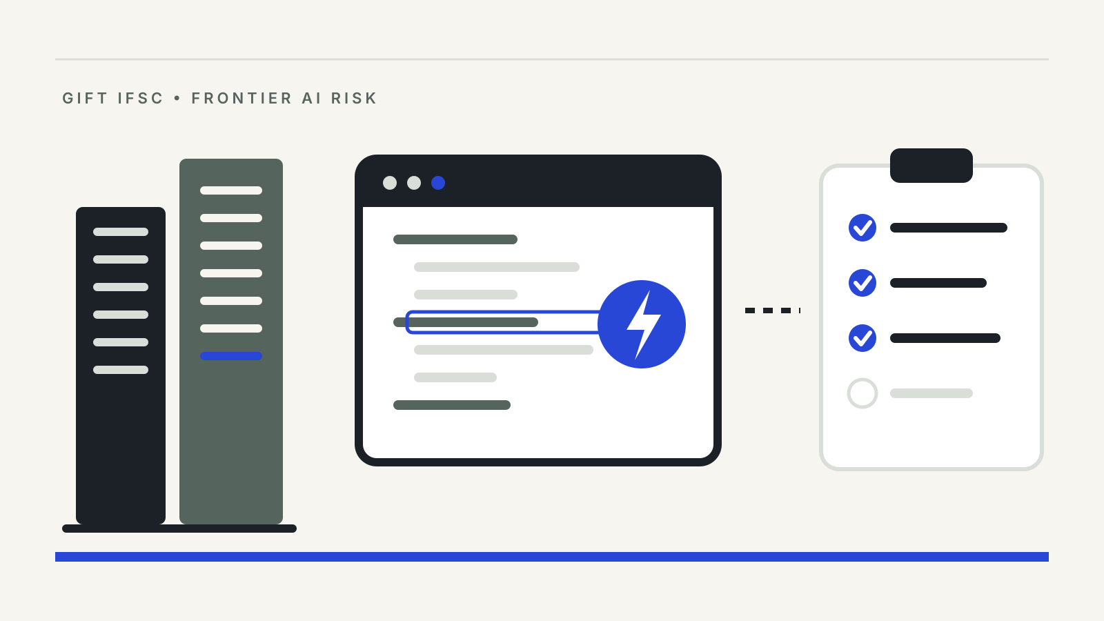 Illustration of office towers, a code window with a highlighted vulnerability and a lightning bolt, and a security checklist on a clipboard
