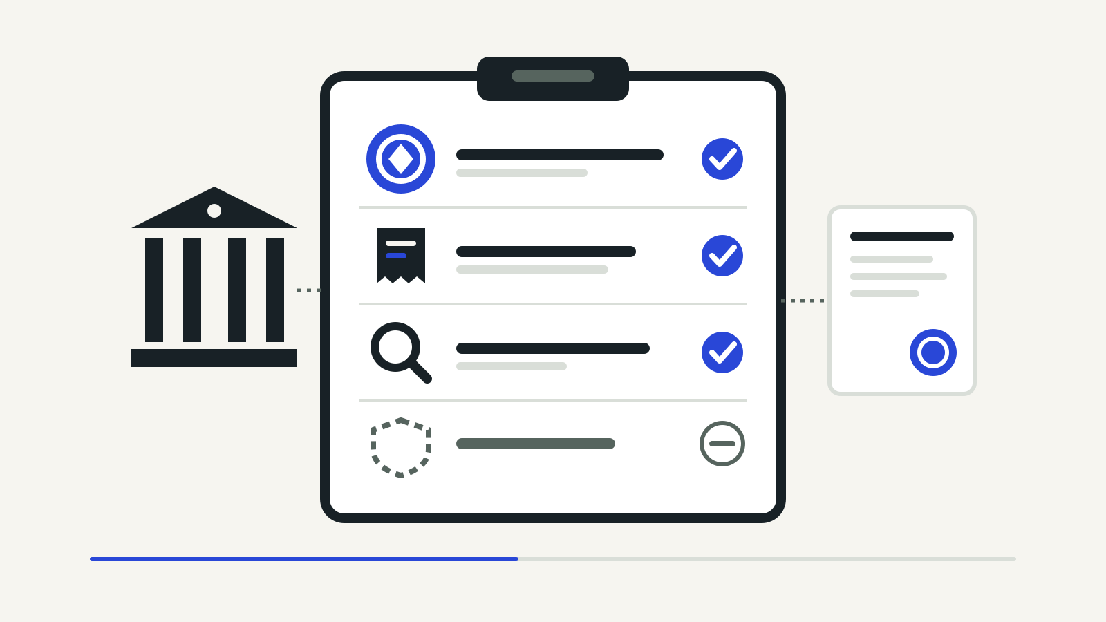 Illustration of a clipboard checklist with a crypto token, a tax receipt and a magnifying glass ticked and an open dashed shield marked with a dash, between a court building and an official document