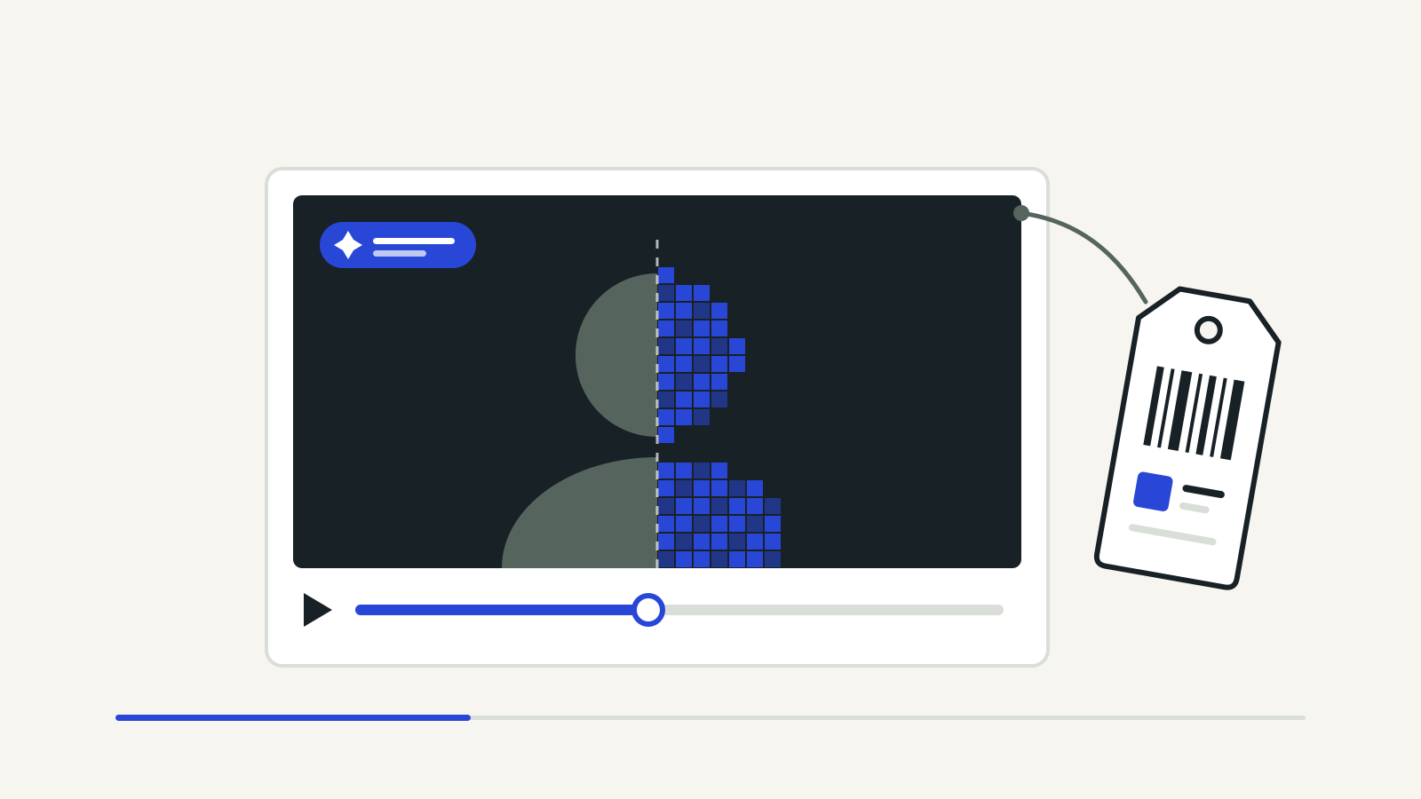 Illustration of a video frame showing a face, half drawn as pixels, with a label badge in the corner and a tag with a barcode attached to the frame