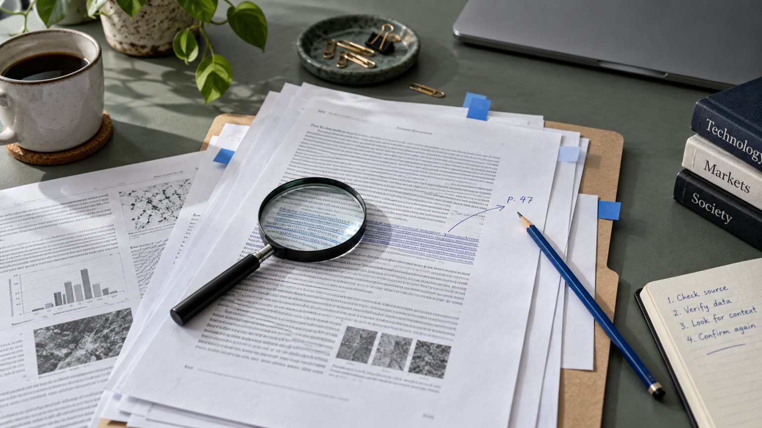A magnifying glass, pencil and marked documents arranged on a desk.