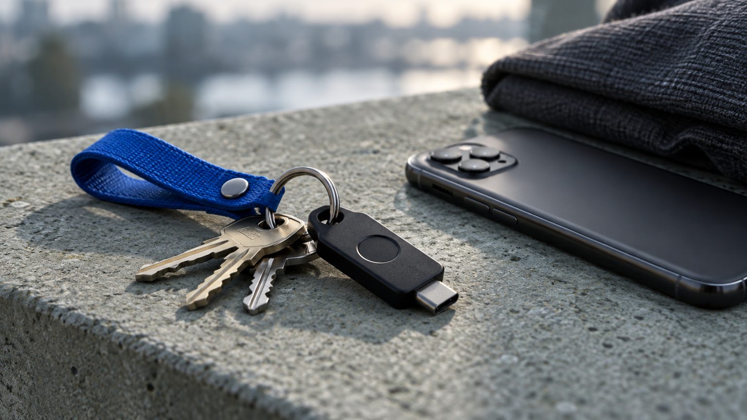 A hardware security key and house keys beside a phone and blue fabric.