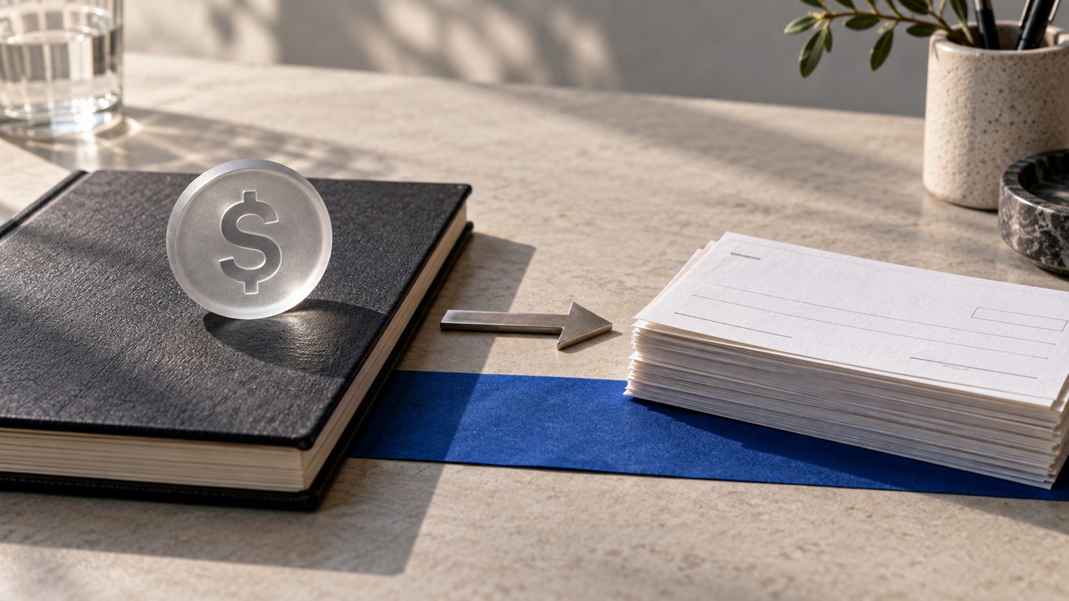 A translucent dollar token beside a notebook, a metal arrow and a stack of paper slips.
