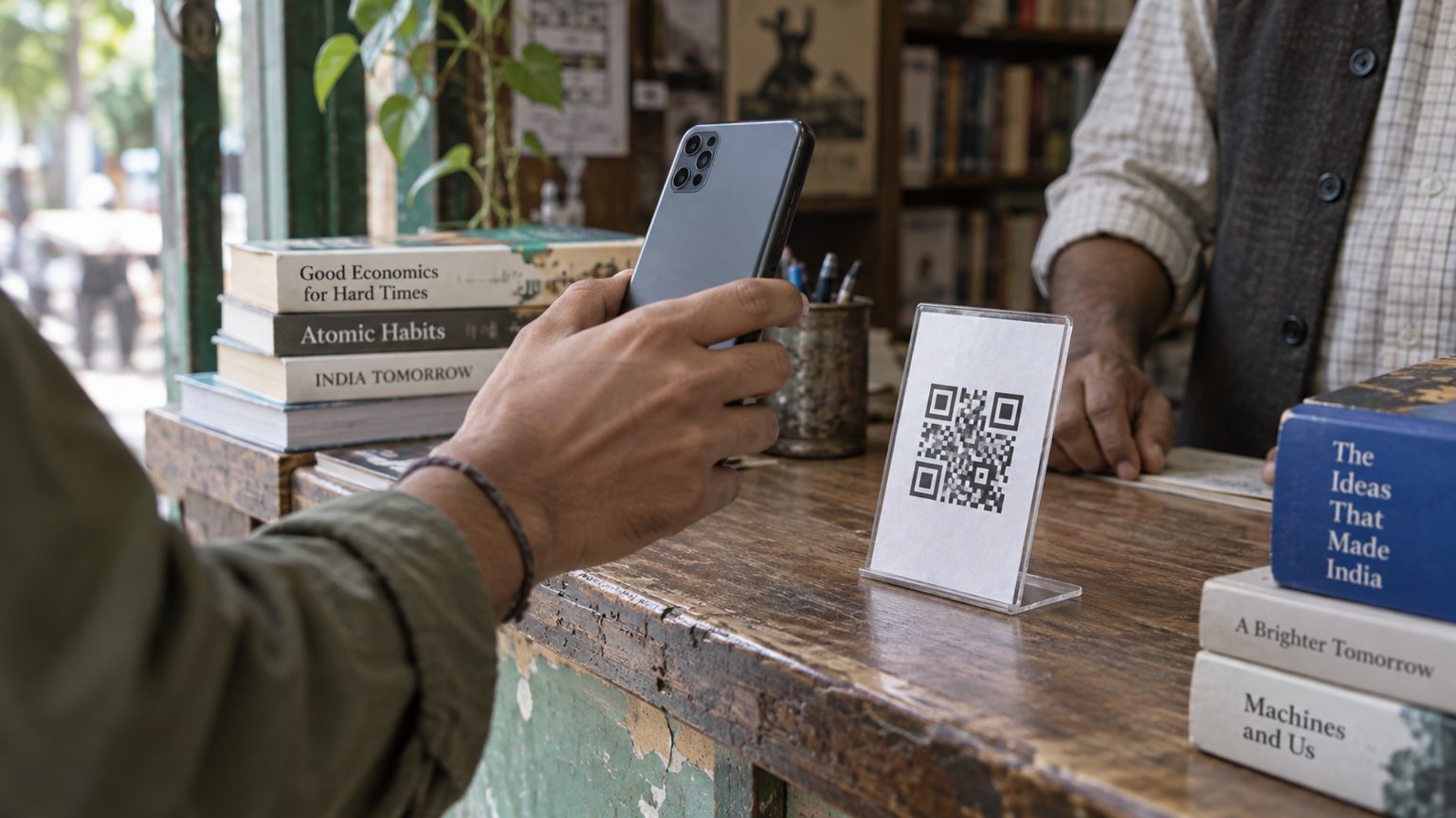 A customer holds a phone towards a payment QR display on a bookshop counter.