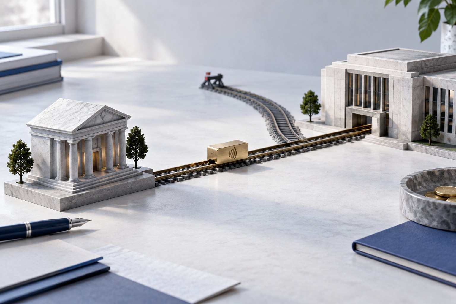 Model bank buildings connected by a direct payment rail.