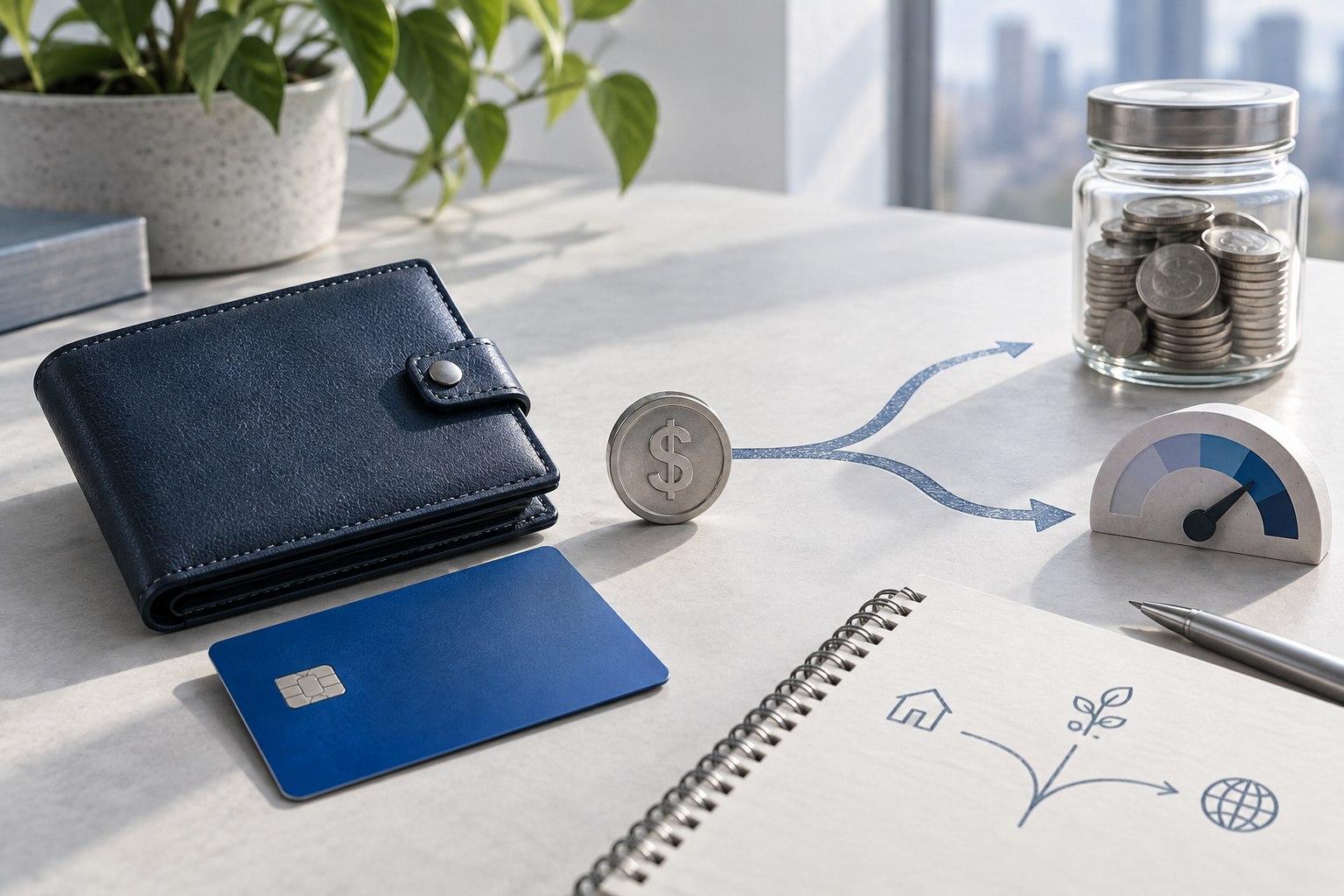Wallet and payment card beside a dollar token, a savings jar and a risk gauge.