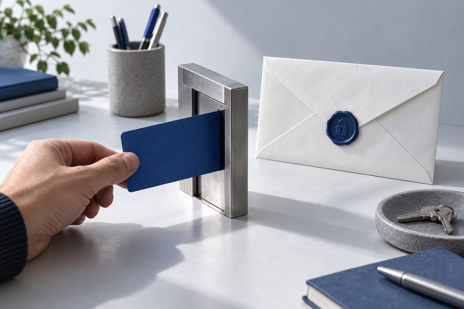 A plain access card passing through a gate beside a sealed identity envelope.