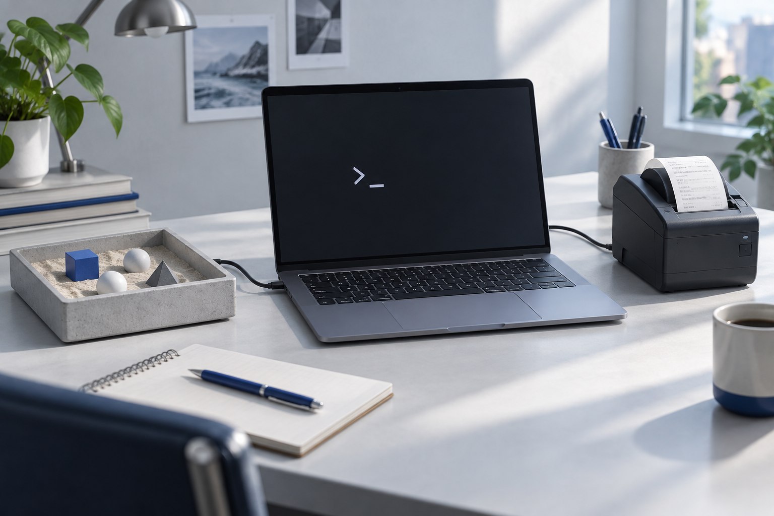Laptop with a command prompt symbol beside a receipt printer.