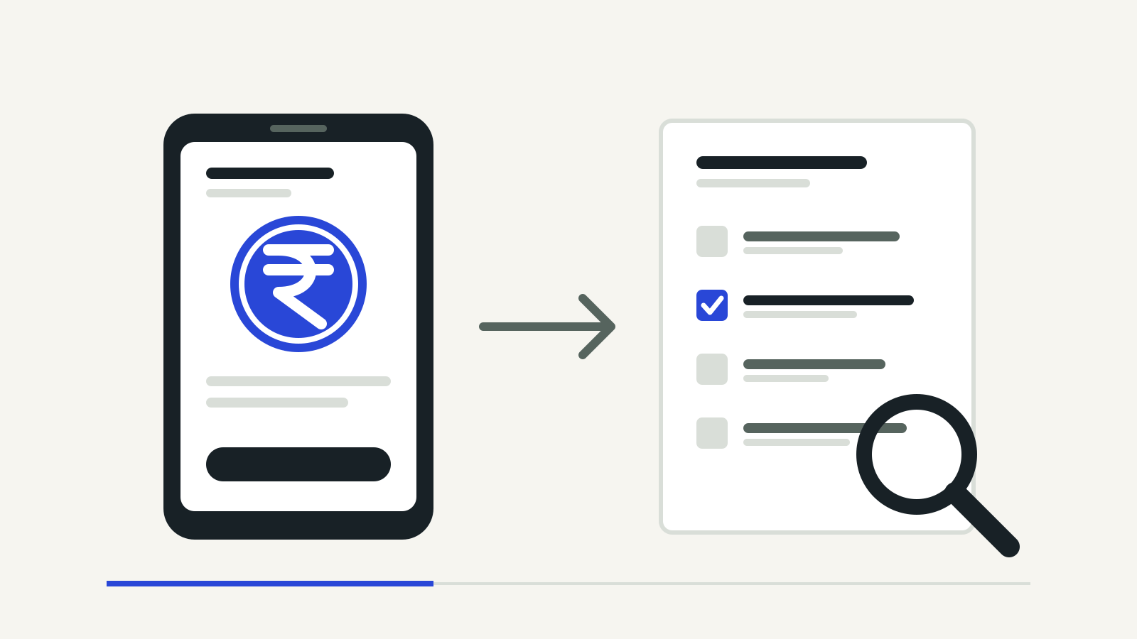 A phone showing a rupee loan app, an arrow, and a directory list with one entry ticked under a magnifying glass
