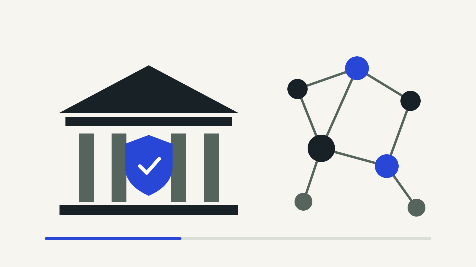 A bank building with a protective shield beside a network of connected nodes