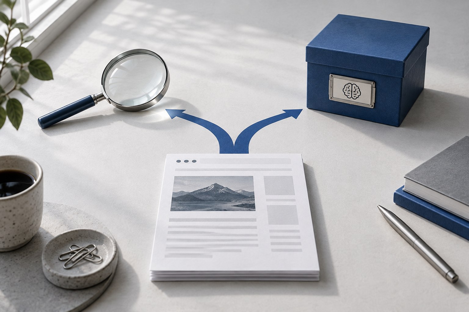 A document with separate paths towards a search magnifier and a model-training box.