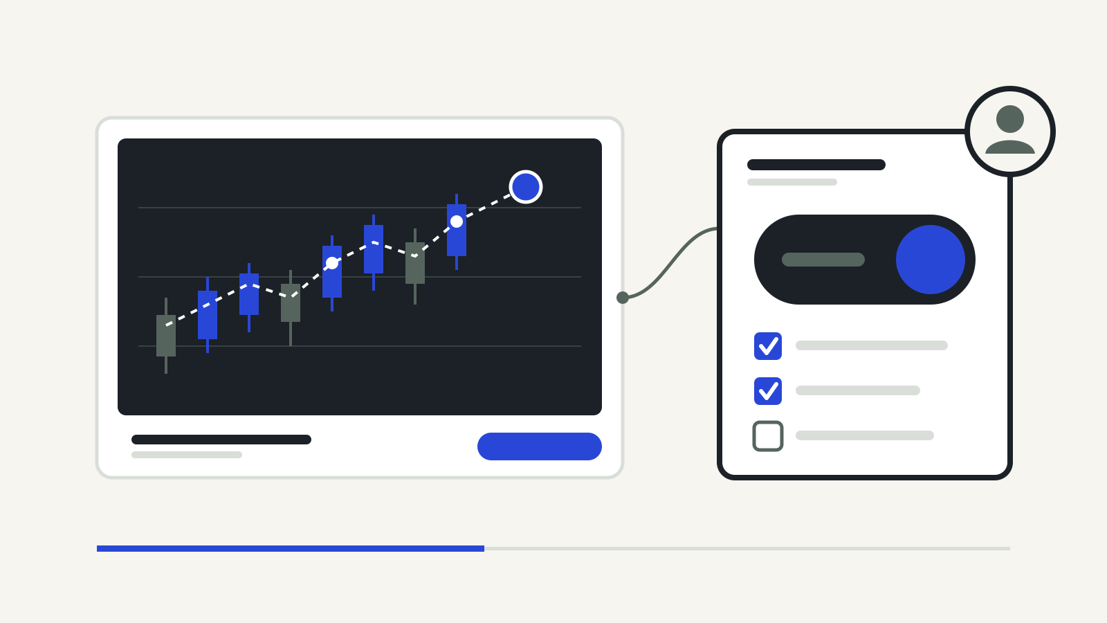 Illustration of a trading screen with candlesticks and a model trend line, linked to a control panel with a large switch, a checklist and a person badge