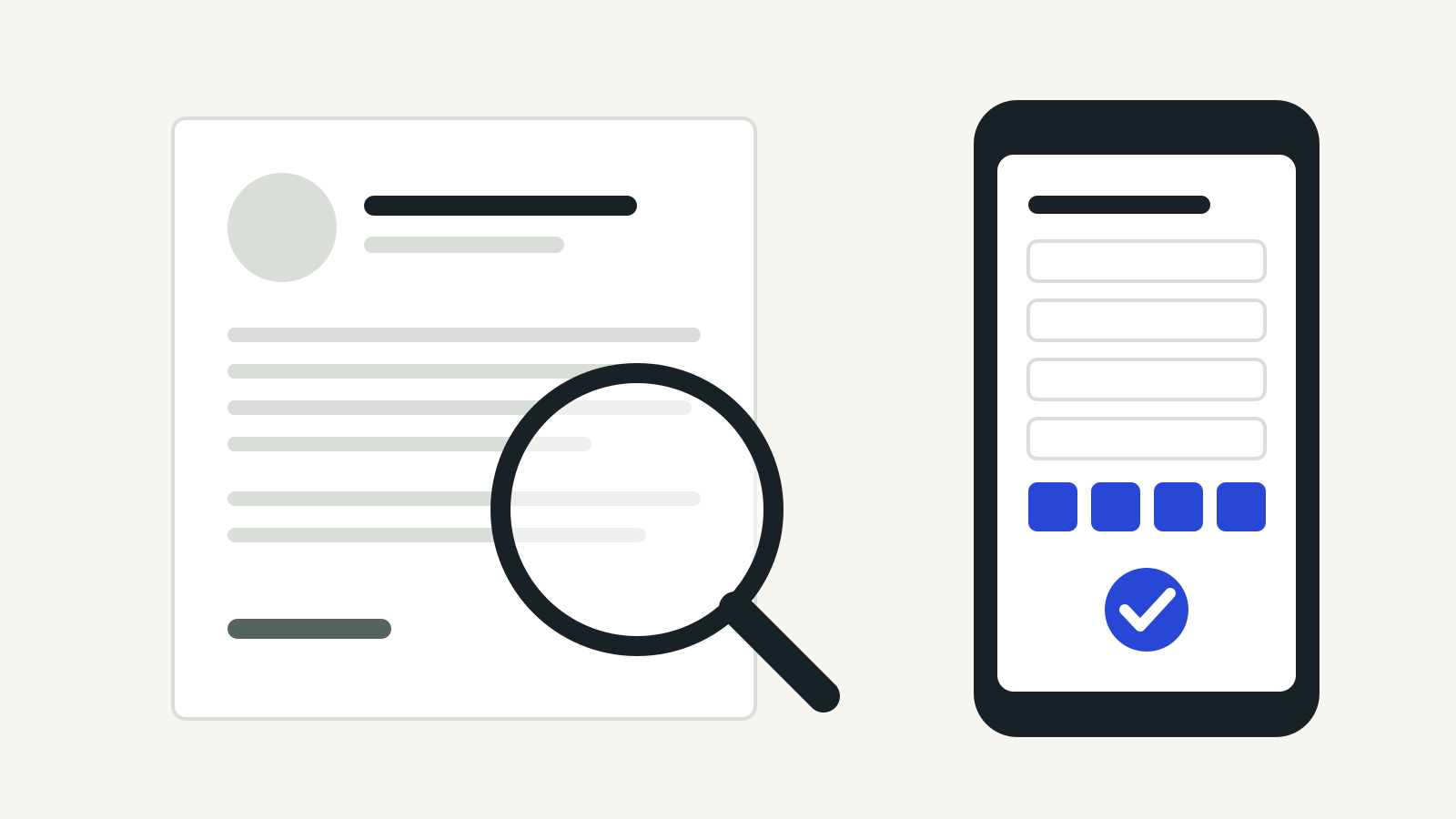 A printed letter under a magnifying glass beside a phone showing a verification form with OTP boxes and a confirmation tick
