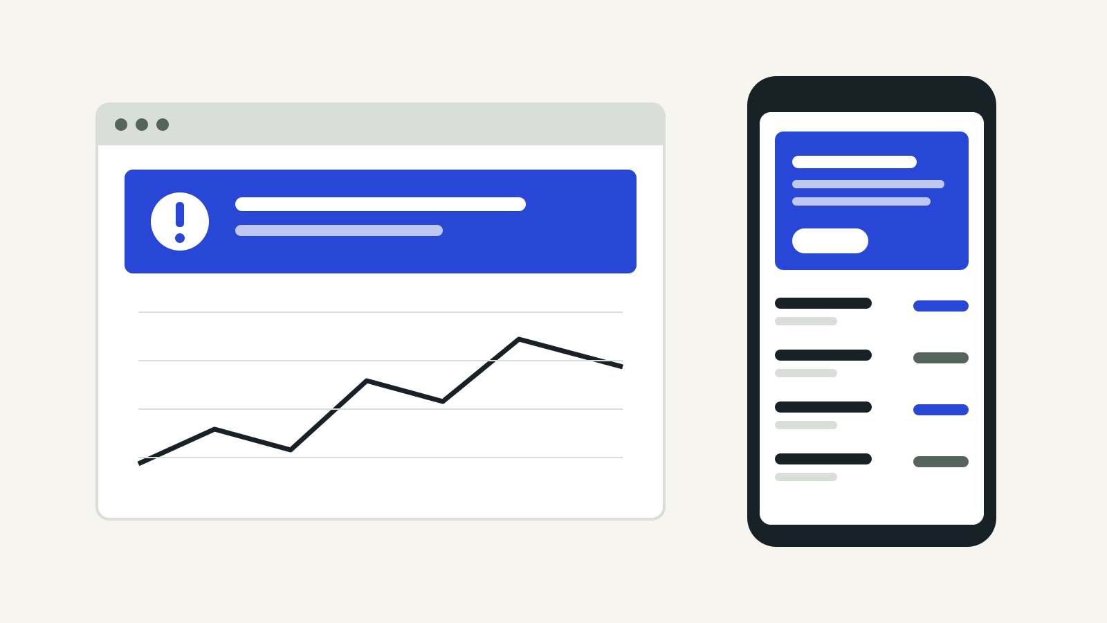 A broker website and a trading app, each showing a notice banner at the top of the landing page above market data