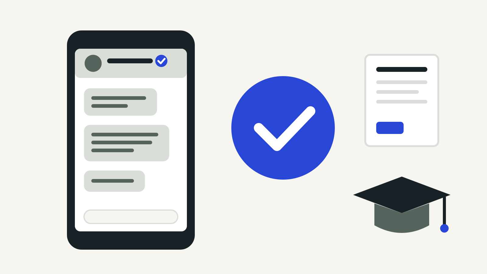 Illustration of a phone chat with a verified tick, a large check mark, a leaflet and a graduation cap