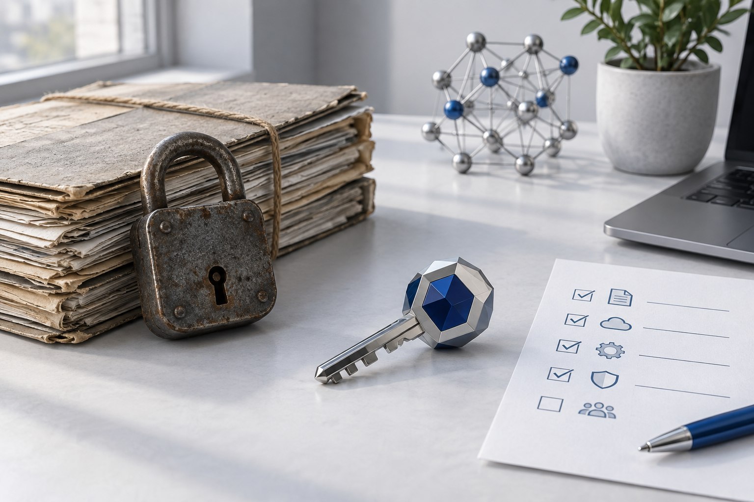 An archive, an old lock and a new key beside a cryptography planning checklist.