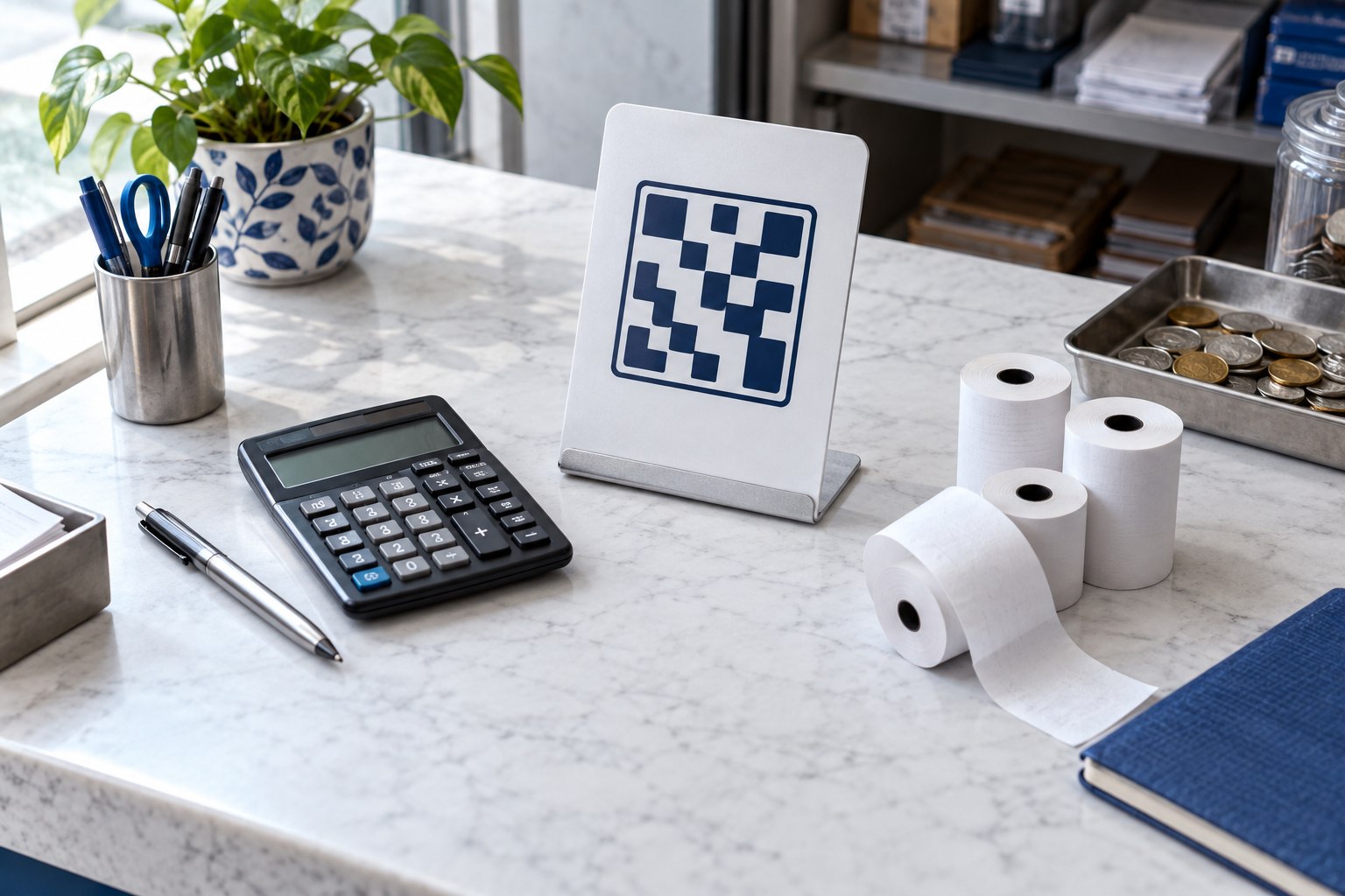 Payment stand, calculator and receipt rolls on a shop counter.