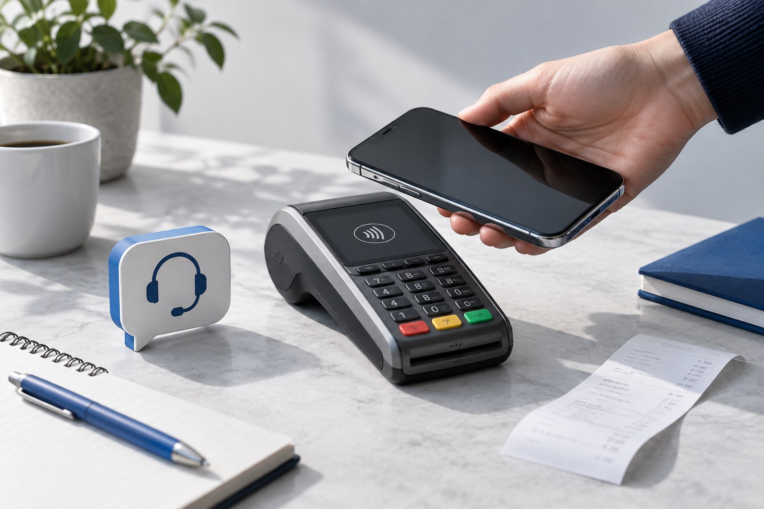 A phone above an NFC payment terminal beside a customer-support symbol.
