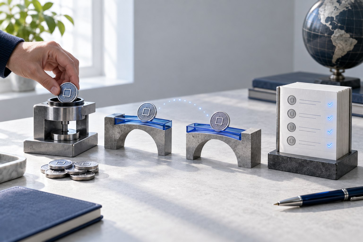 A tabletop arrangement representing token creation, movement and recordkeeping.