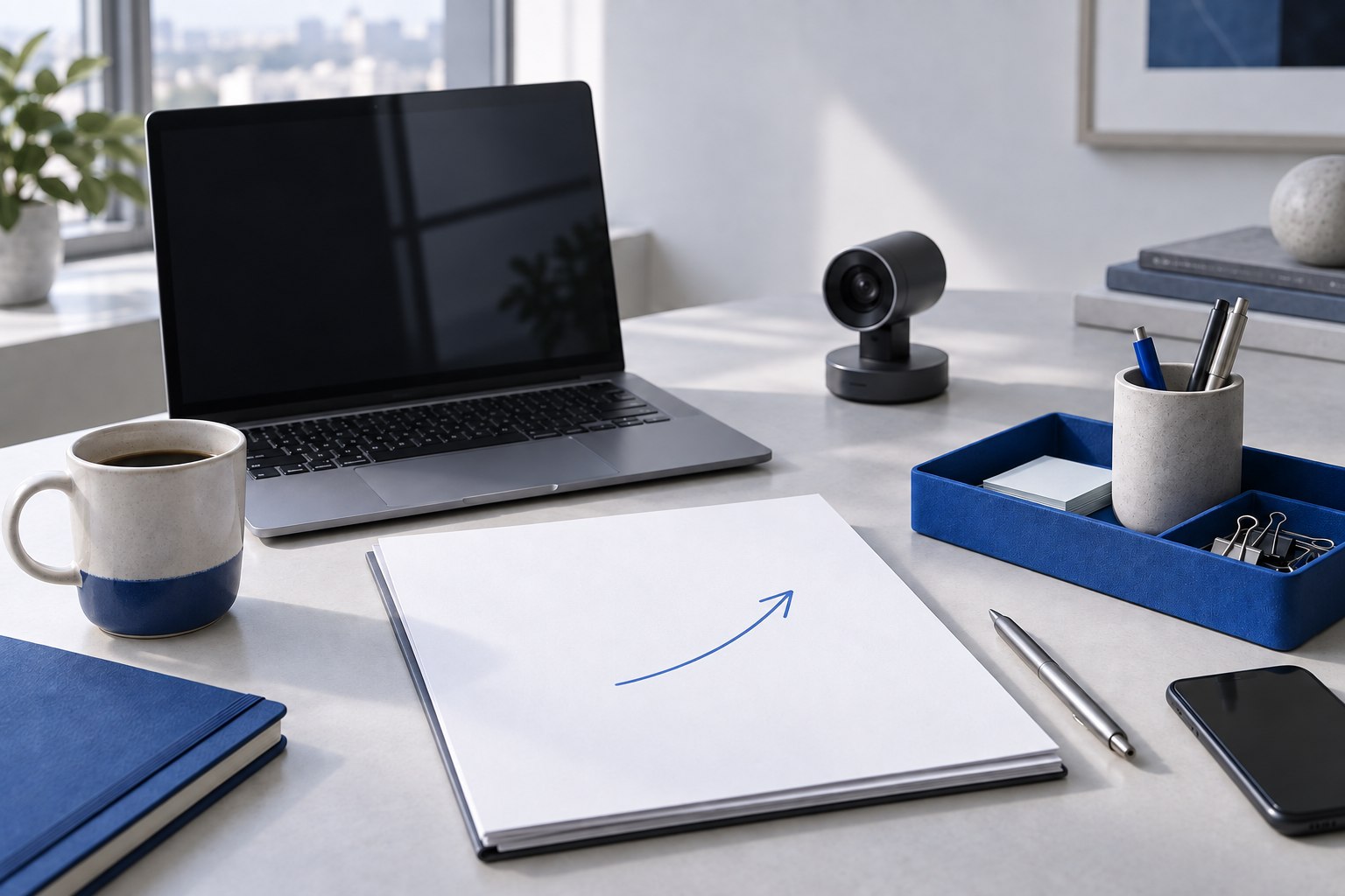 Laptop, webcam, paper and document trays on a shared work desk.