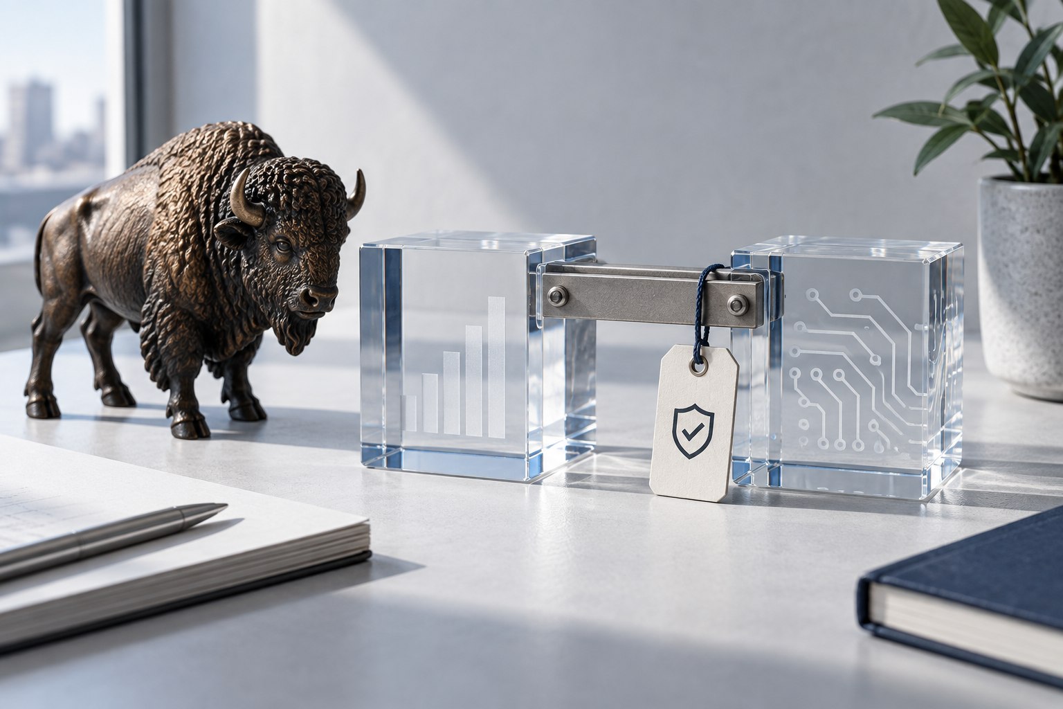 Bison figure beside a secured bridge between two transparent ledger blocks.