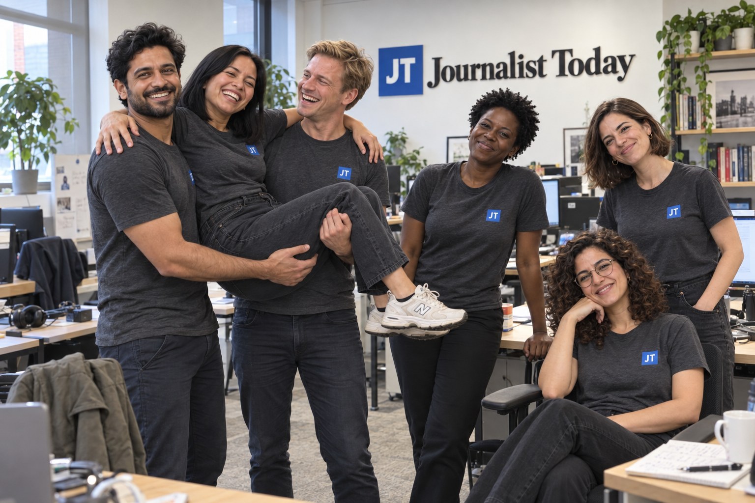 The Journalist Today team smiling together in a bright office beneath the publication's wall logo.